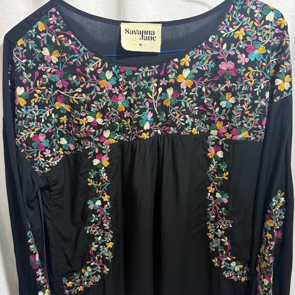 Savanna Jane Embroidered Boho Blouse Womens large Black Floral Peasant Top